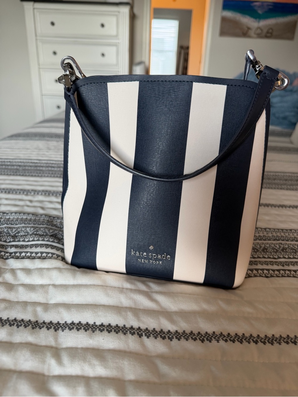 kate spade Navy and White Vertical Stripe Shoulder Bag